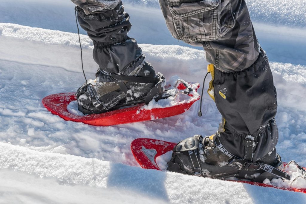Close-up view of snowshoes on a snowy trail in the Italian Alps.