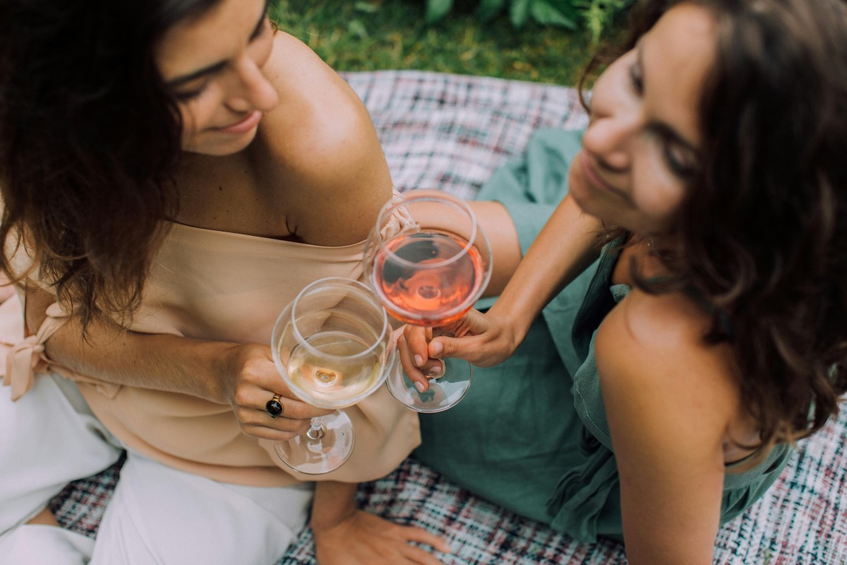 Two women enjoying a casual outdoor gathering while toasting with glasses of wine.