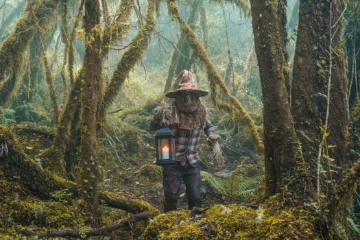 A spooky scarecrow holding a lantern in a misty forest, creating a mysterious and haunting atmosphere.