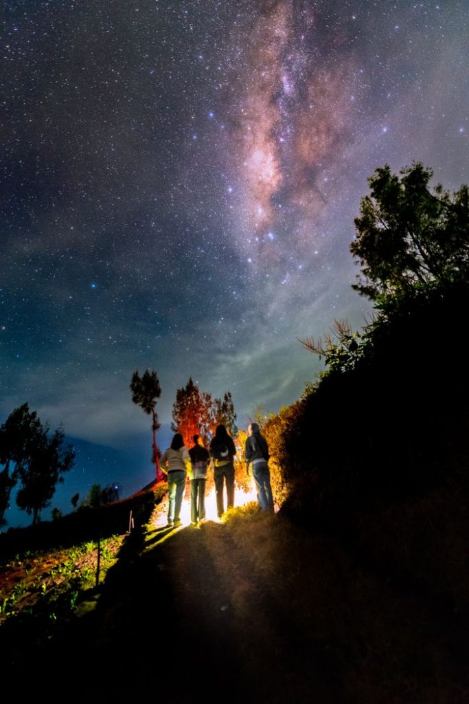 A group of people stargazing under the Milky Way in East Java, Indonesia.