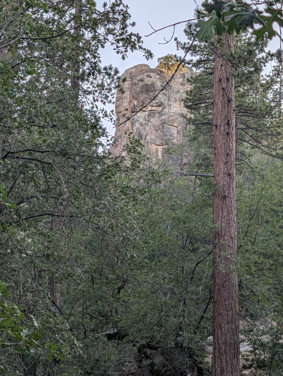 peek of a peak through the trees on castle rock trail big bear lake california
