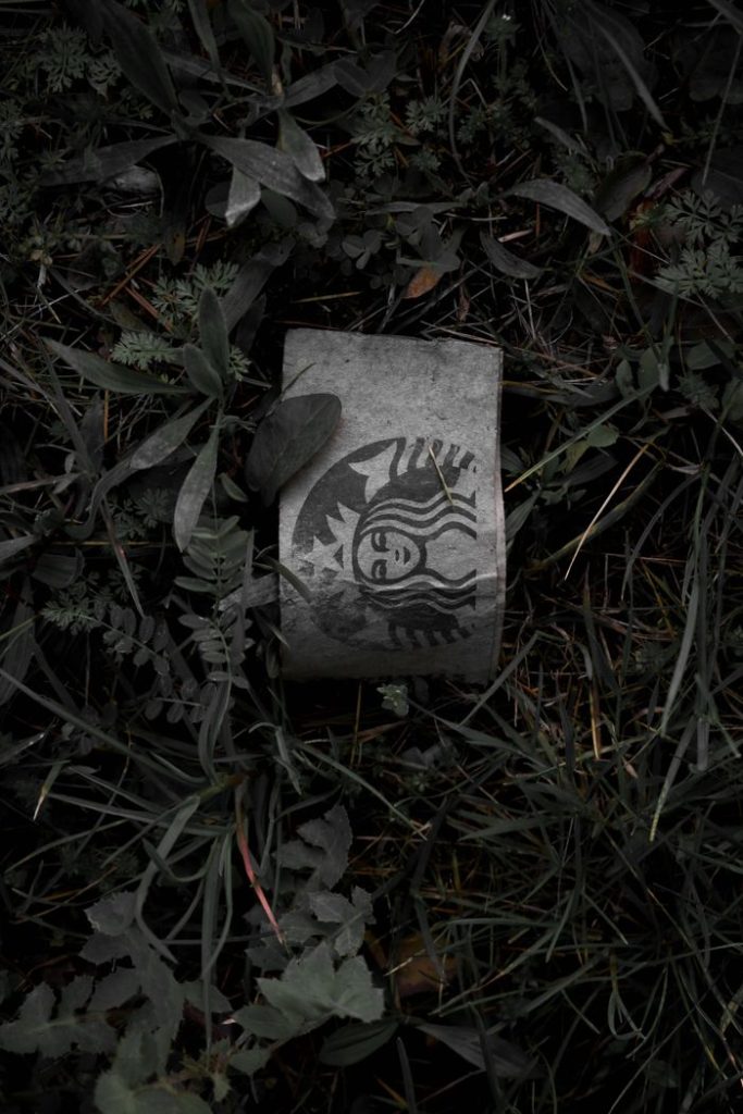 A Starbucks cup sleeve lies on the green grass, blending with nature.